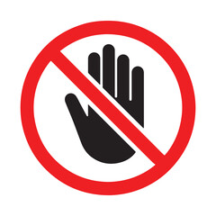 Red circle with diagonal line over black open hand prohibition warning