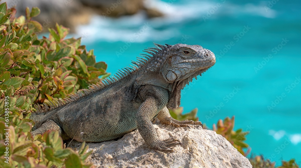 Poster a close-up image of a lizard resting on a rock next to a body of water with a tree in the foreground