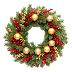 Festive christmas wreath with golden ornaments and red berries isolated on transparent background