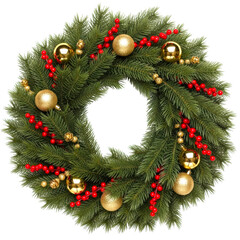 Festive christmas wreath with gold ornaments and red accents isolated on transparent background