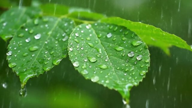 Rain falling gently on forest leaves in a peaceful nature scene.