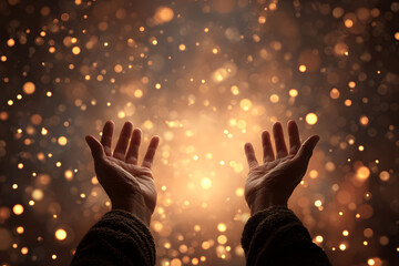 Open Hands Reaching Upward Towards Golden Light and Sparkles