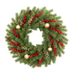 Festive christmas wreath with berries and ornaments isolated on transparent background