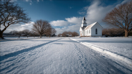 snowy path leads to charming church set against ultrabright blue sky