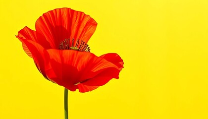 Vibrant red poppy against sunny yellow backdrop, plant, wildflower