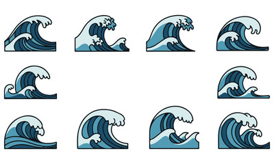 Obraz premium Blue Ocean Wave Vector Set: Collection of Sea and Water Curl Illustrations 