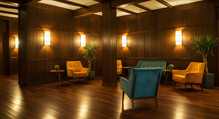 Anteroom with armchairs and plants in a luxuriously designed interior featuring warm wooden