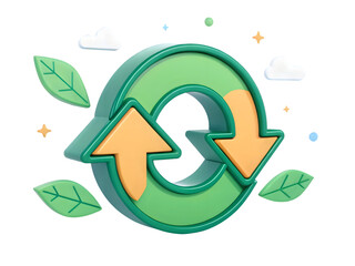 Cute 3D Recycle Symbol with Leaves and Clouds