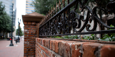 Close Up of Ornate Black Metal Fence Atop Red Brick Wall in Urban Setting