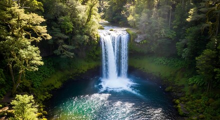 Lush rainforest waterfall cascades into a vibrant blue pool.