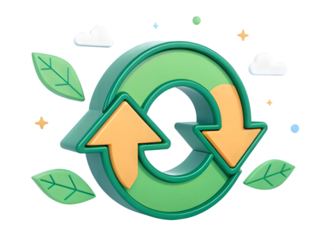 Cute 3D Recycle Symbol with Leaves and Clouds - Powered by Adobe
