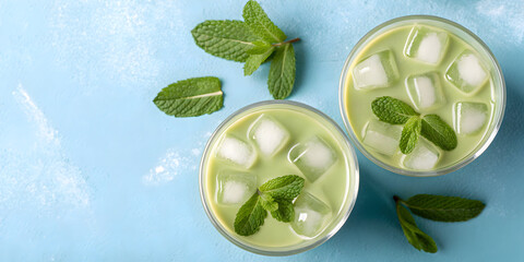 two iced matcha teas mint ice cubes blue background