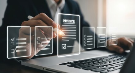 Businessperson digitally reviewing invoice and checklist items on laptop; modern, professional, efficient workflow.