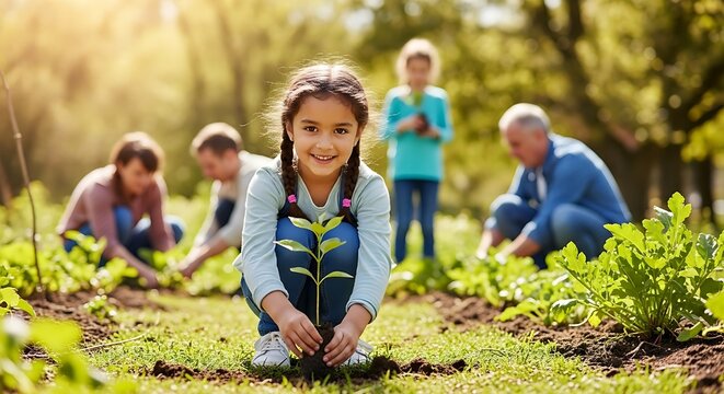 A young girl planting a seedling in a garden with her family on a sunny day.
