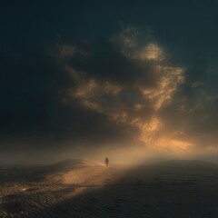 A solitary figure walks a vast, sandy plain, shrouded in mist, as a dramatic sunrise or sunset breaks through stormy clouds