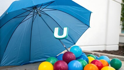 Teal Letter U Under a Blue Umbrella with Colorful Background – AI Generated
