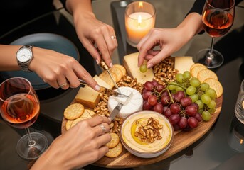 Hands cutting cheese on charcuterie board with grapes nuts wine image