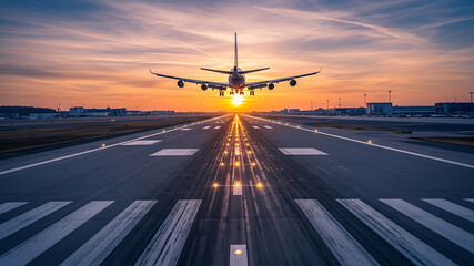 Airplane Landing at Sunset: Runway Lights and Dramatic Sky.