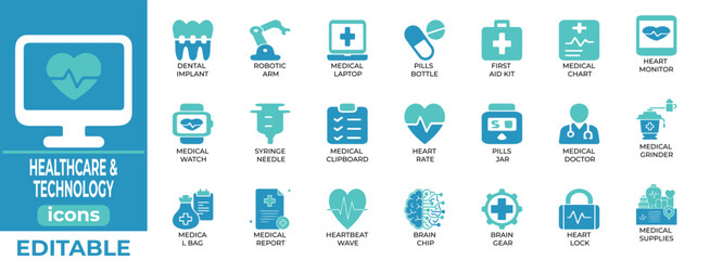 Modern healthcare technology vector icons for apps, web, and UI
