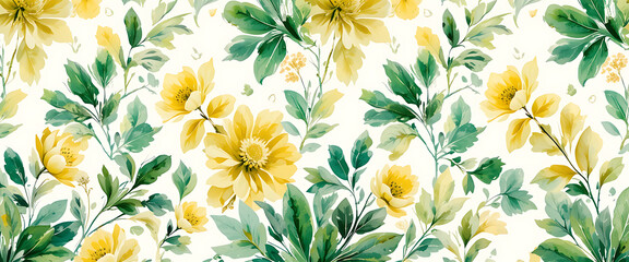 Abstract butter yellow and royal blue color gradient floral with green gradient leafs and branches, minimalist attractive style, in butter white background, seamless pattern, artistic, water colors, s