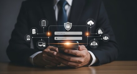 Secure online login process: businessman using smartphone, digital security interface, data protection, cloud storage, network access, global connectivity.