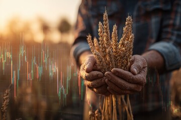 Farmer holding wheat at sunset