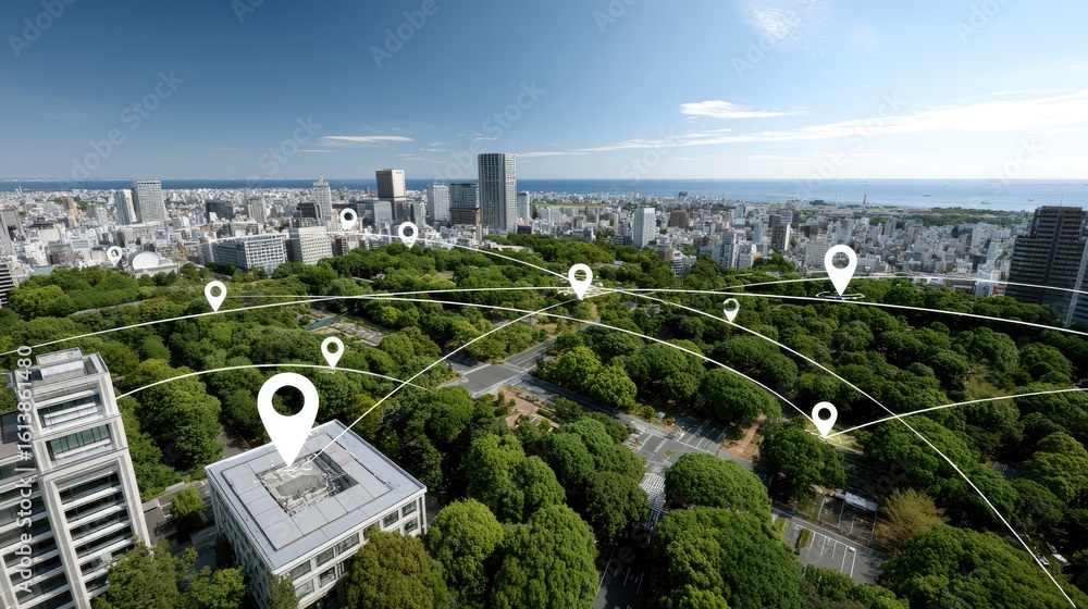 Poster gps icons linked by lines create a digital map view above a vibrant city, symbolizing advanced geolo