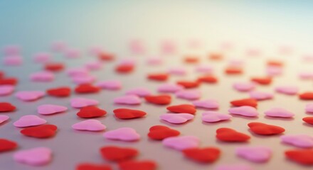 Scattered pink and red heart-shaped sweets on a soft, blurred background