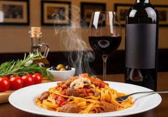 Hot steaming pasta dish with red wine and ingredients food italian