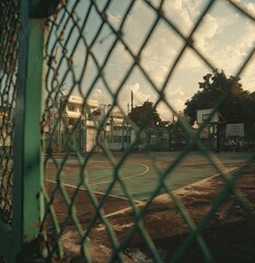 Basketball court through a wire fence