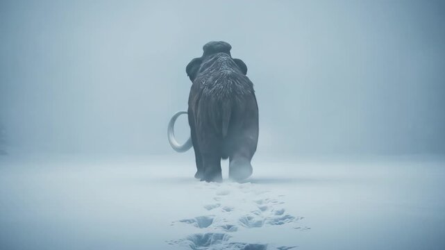 A solitary woolly mammoth trudges through the snowy wilderness, its massive form a reminder of the ancient ice age and the resilience of nature