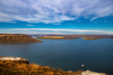 Beautiful view of Bakota Bay on the Dniester River in autumn day.