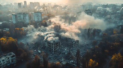 Aerial view of collapsed buildings after a major earthquake