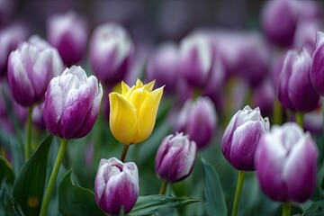 A single, vibrant yellow tulip amidst a field of purple and white tulips