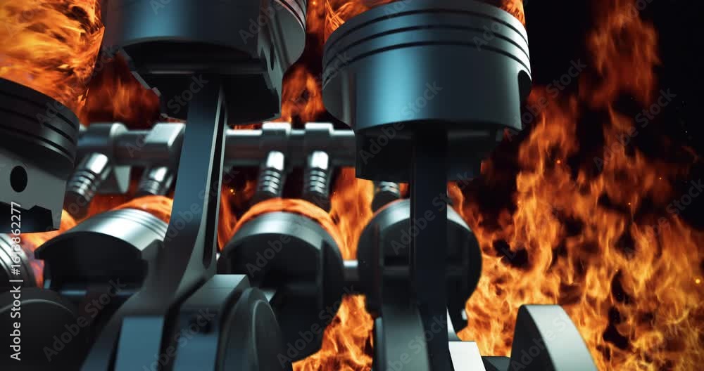Poster moving parts of a powerful v8 car engine technical animation. high quality 3d animation.