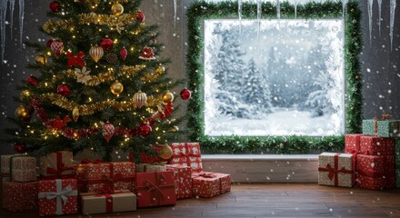 Christmas tree with gifts in front of a snowy window