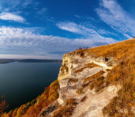 Beautiful view of Bakota Bay on the Dniester River in autumn day.