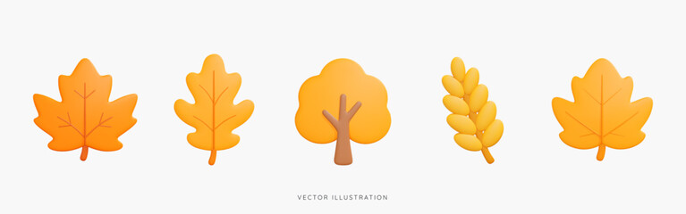 3D Autumn leaves icon set. Yellow and orange maple leaf, tree and gold wheat. Yellow  oat grain. Fall season. Elements for thanksgiving. Cartoon design icons isolated on white. 3D Vector illustration