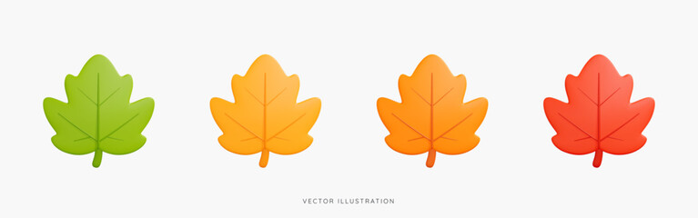 3D Autumn maple leaves in yellow, green and red colors icon set. Leaf objects. Fall season decoration. Elements for thanksgiving. Cartoon design icons isolated on white. 3D Vector illustration