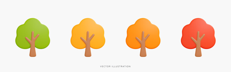 3D Autumn and summer trees in yellow, green and red colors icon set. Fall season decoration. Element of nature and park. Cartoon design icons isolated on white. 3D Vector illustration