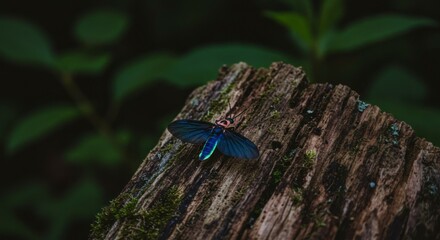 Blue insect on weathered wood
