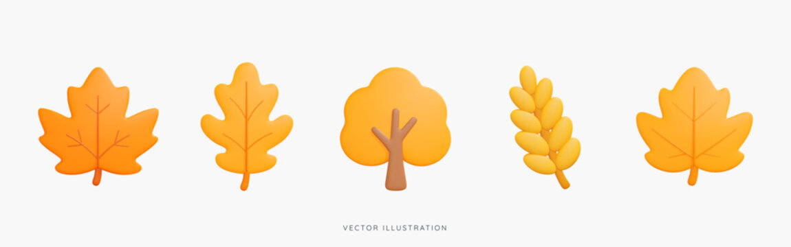 3D Autumn leaves icon set. Yellow and orange maple leaf, tree and gold wheat. Yellow  oat grain. Fall season. Elements for thanksgiving. Cartoon design icons isolated on white. 3D Vector illustration