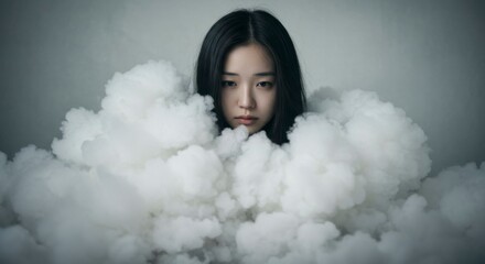 A young woman's face emerges from a fluffy, white cloud-like mass, creating a surreal and dreamlike atmosphere