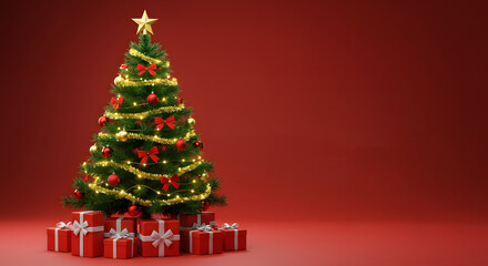 Naklejka premium Beautifully decorated Christmas tree with glowing lights and star on top stands surrounded by red gift boxes against rich red background, evoking festive and joyful atmosphere