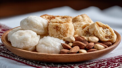 Bengali sweets are artfully arranged on a copper plate for Sankranti, set against a vibrant backdrop