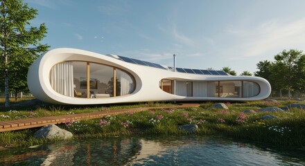 Modern, organic-shaped house with solar panels, nestled in a tranquil lakeside setting
