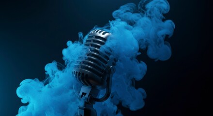 Vintage microphone surrounded by vibrant blue smoke