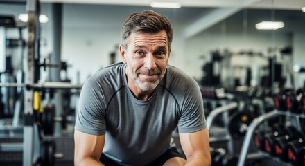 Fototapeta premium Mature man smiling confidently after a workout at the modern gym, showcasing dedication and healthy lifestyle, perfect for fitness campaigns or wellness promotions, conveying strength