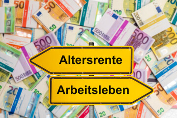 Zwei Wegweiser zeigen in unterschiedliche Richtungen und sind beschriftet mit Altersrente vs....