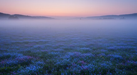 Misty dawn over a field of wildflowers
